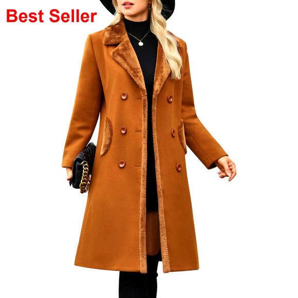 Women's Winter Pea Coat Double Breasted Trench Coat Long Thick Slim Fit